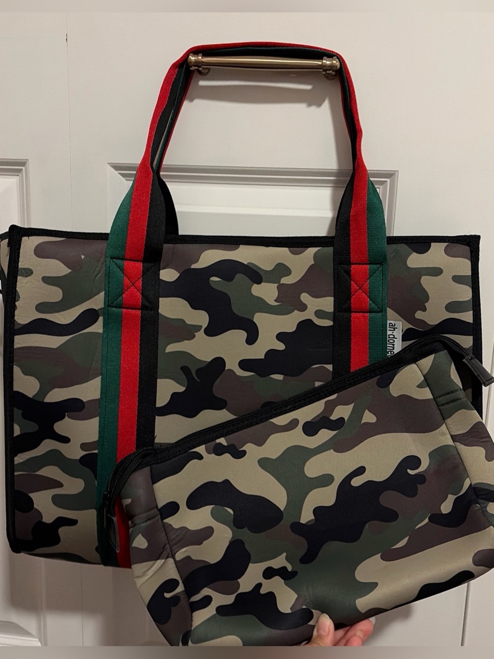 Ah-dorned Tote Bag with Pouch - Green/Black-Striped Handles